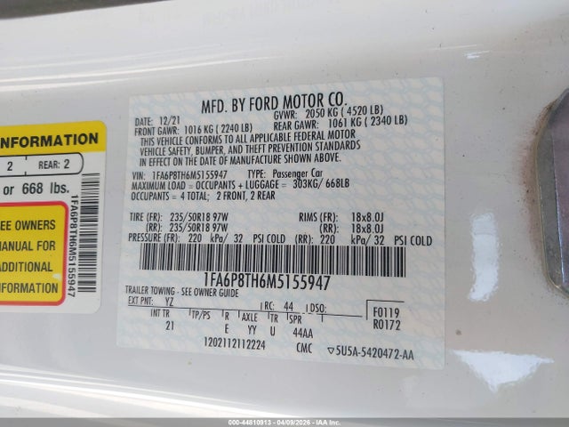 Продажа на аукционе авто 2021 Ford Mustang Ecoboost Fastback, vin: 1FA6P8TH6M5155947, номер лота: 44810913