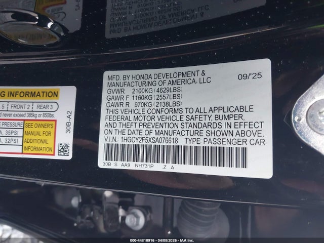 44810916 :رقم المزاد ، 1HGCY2F5XSA076618 vin ، 2025 Honda Accord Hybrid Sport مزاد بيع