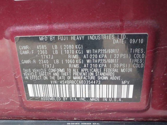 2011 Subaru Outback 2.5i Premium მანქანა იყიდება აუქციონზე, vin: 4S4BRBCC6B3354473, აუქციონის ნომერი: 44810930