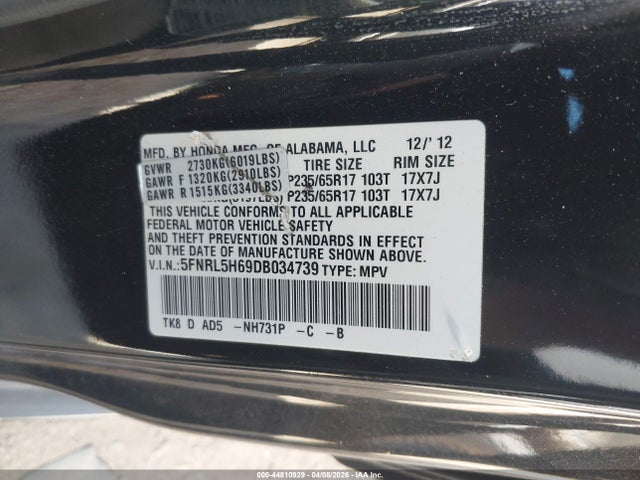 Продажа на аукционе авто 2013 Honda Odyssey Ex-l, vin: 5FNRL5H69DB034739, номер лота: 44810929