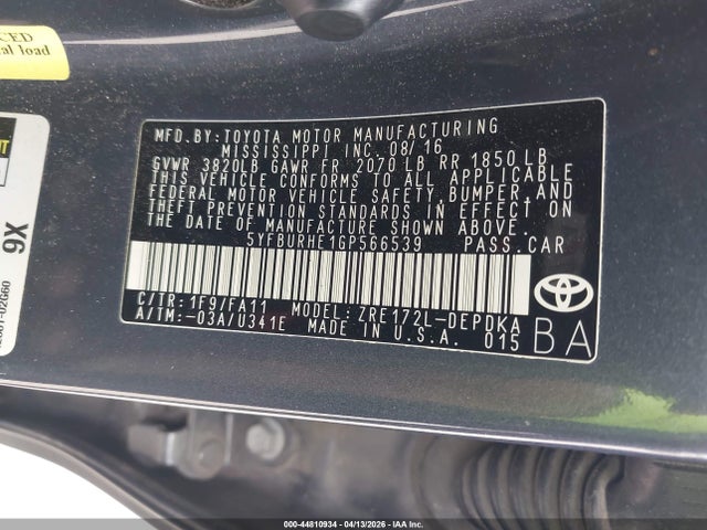 5YFBURHE1GP566539 Toyota COROLLA L