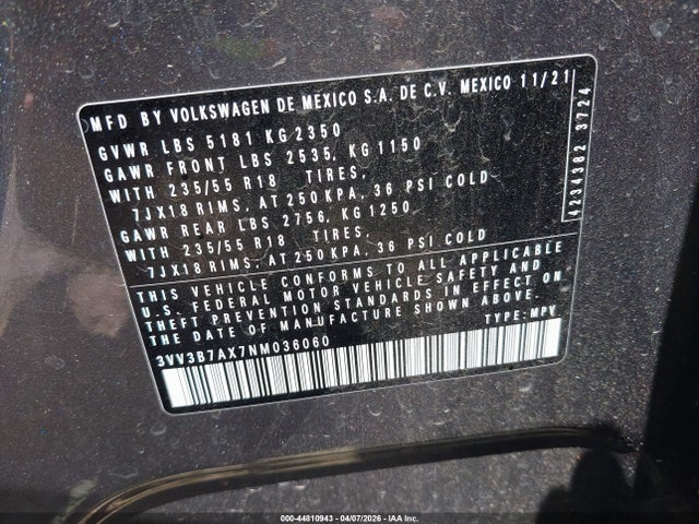 Aukcja sprzedaży 2022 Volkswagen Tiguan 2.0t Se, vin: 3VV3B7AX7NM036060, numer aukcji: 44810943