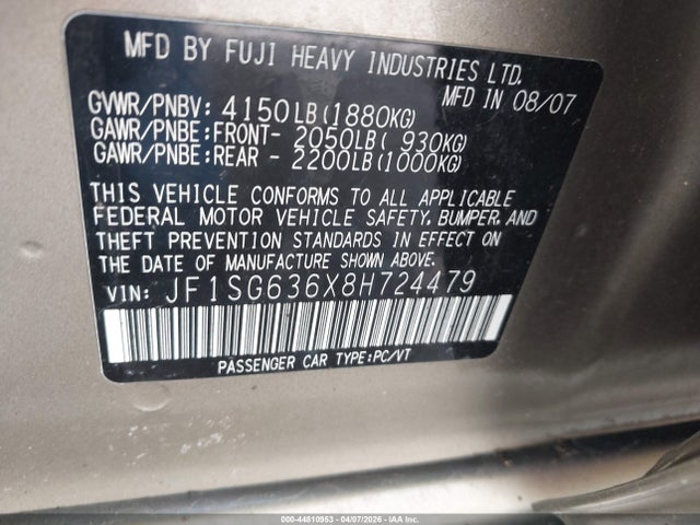 2008 Subaru Forester 2.5x მანქანა იყიდება აუქციონზე, vin: JF1SG636X8H724479, აუქციონის ნომერი: 44810953