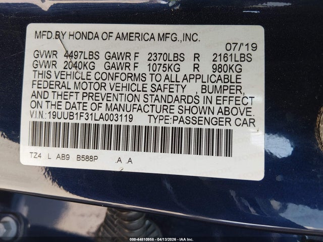44810958 :رقم المزاد ، 19UUB1F31LA003119 vin ، 2020 Acura Tlx Standard مزاد بيع