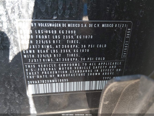 44810988 :رقم المزاد ، 3VVAX7B2XNM018695 vin ، 2022 Volkswagen Taos 1.5t S مزاد بيع
