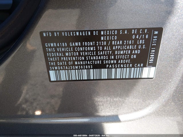 Продаж на аукціоні авто 2016 Volkswagen Jetta 1.4t Se, vin: 3VWD67AJ3GM362893, номер лоту: 44810994