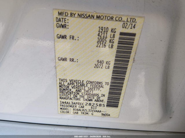 1N4AL3AP8EC282585 Nissan Altima 2.5/2.5 S/2.5 Sl/2.5 Sv