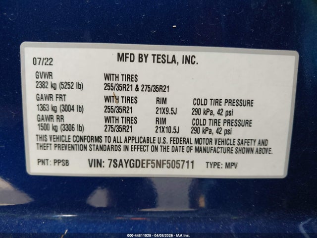 Aukcja sprzedaży 2022 Tesla Model Y Performance Dual Motor All-wheel Drive, vin: 7SAYGDEF5NF505711, numer aukcji: 44811025