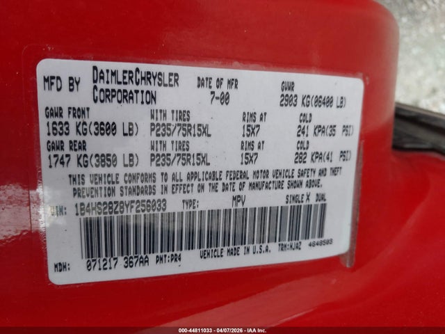 Aukcja sprzedaży 2000 Dodge Durango, vin: 1B4HS28Z8YF256033, numer aukcji: 44811033