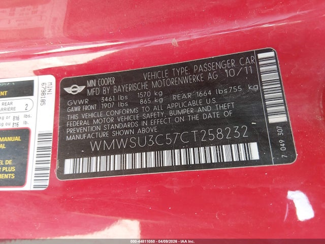 Продаж на аукціоні авто 2012 Mini Cooper, vin: WMWSU3C57CT258232, номер лоту: 44811050