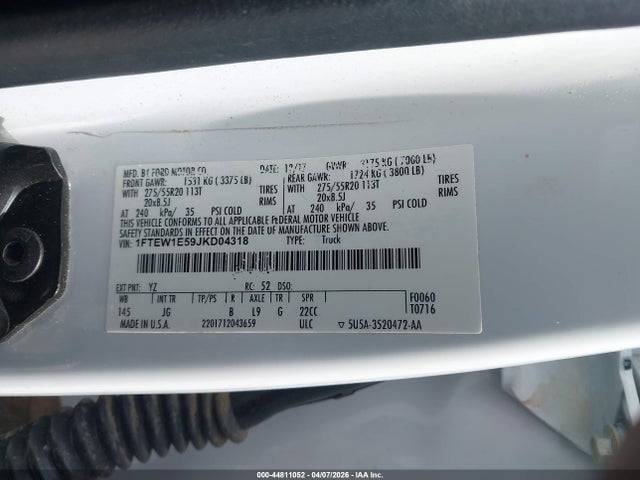 Aukcja sprzedaży 2018 Ford F-150 Xl, vin: 1FTEW1E59JKD04318, numer aukcji: 44811052