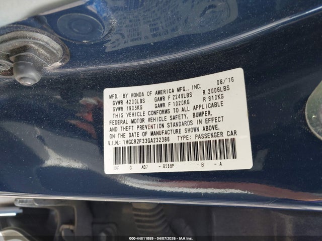Продаж на аукціоні авто 2016 Honda Accord Lx, vin: 1HGCR2F33GA232386, номер лоту: 44811059