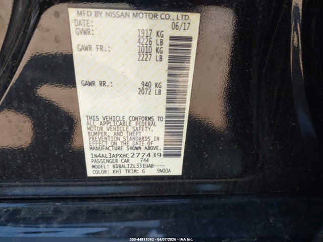 44811062 :رقم المزاد ، 1N4AL3APXHC277439 vin ، 2017 Nissan Altima 2.5 Sv مزاد بيع