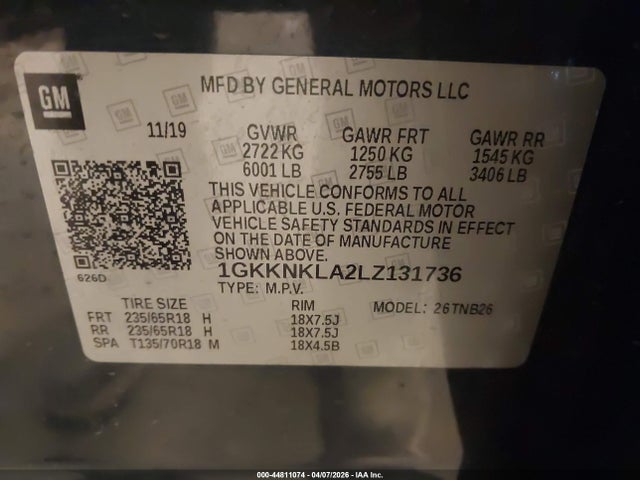 Aukcja sprzedaży 2020 Gmc Acadia Fwd Sle, vin: 1GKKNKLA2LZ131736, numer aukcji: 44811074