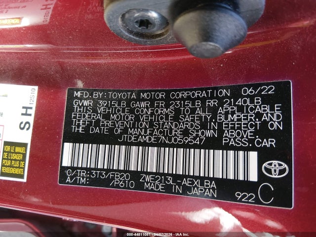 Aukcja sprzedaży 2022 Toyota Corolla Hybrid Le, vin: JTDEAMDE7NJ059547, numer aukcji: 44811081
