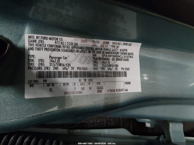 44811084 :رقم المزاد ، 1FAHP3M29CL313763 vin ، 2012 Ford Focus Sel مزاد بيع