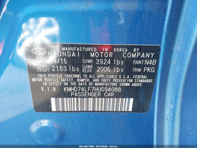 44811098 :رقم المزاد ، KMHD74LF7HU094088 vin ، 2017 Hyundai Elantra Se مزاد بيع