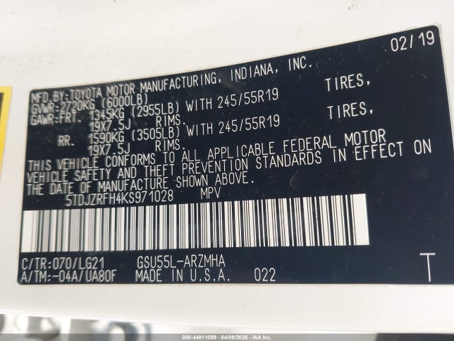 2019 TOYOTA HIGHLANDER 5TDJZRFH4KS971028 Photo 8