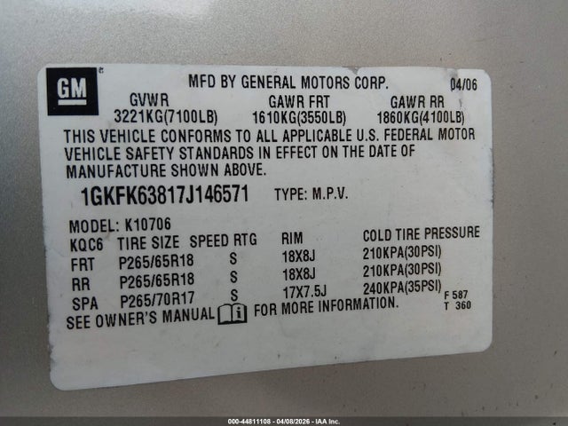 Aukcja sprzedaży 2007 Gmc Yukon Denali, vin: 1GKFK63817J146571, numer aukcji: 44811108