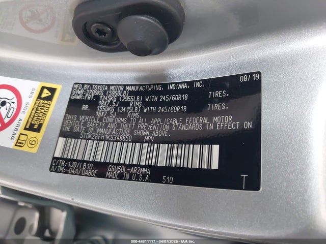44811117 :رقم المزاد ، 5TDKZRFH1KS348650 vin ، 2019 Toyota Highlander Xle مزاد بيع