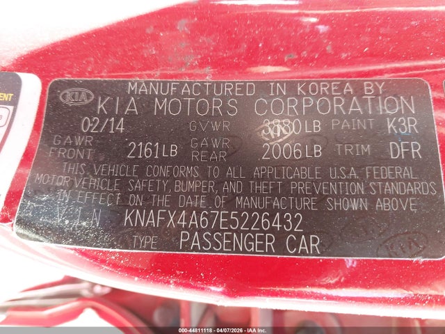 44811118 :رقم المزاد ، KNAFX4A67E5226432 vin ، 2014 Kia Forte Lx مزاد بيع