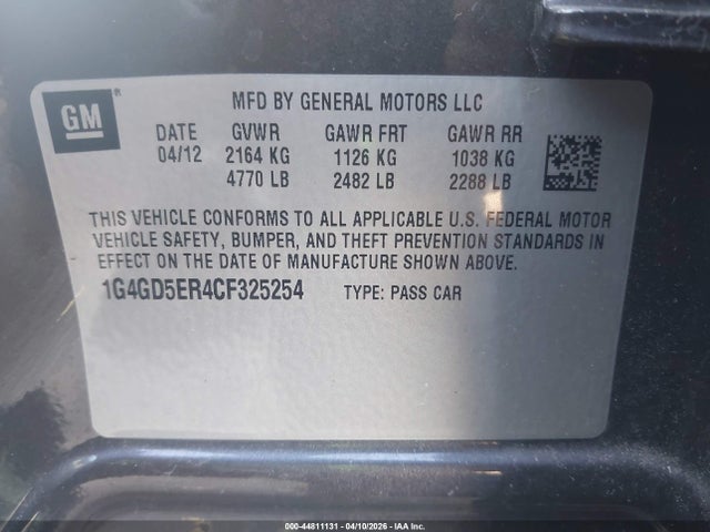Продаж на аукціоні авто 2012 Buick Lacrosse Premium 1 Group, vin: 1G4GD5ER4CF325254, номер лоту: 44811131
