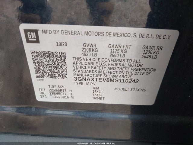 Aukcja sprzedaży 2021 Chevrolet Equinox Awd 2fl, vin: 3GNAXTEV8MS110242, numer aukcji: 44811138