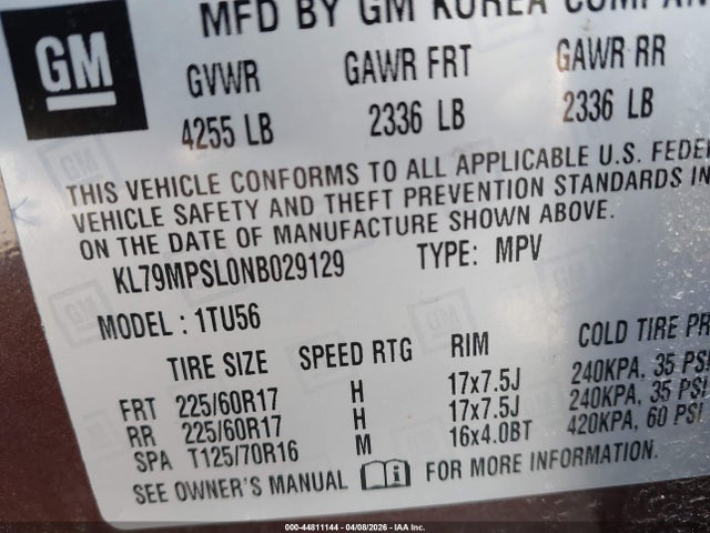 44811144 :رقم المزاد ، KL79MPSL0NB029129 vin ، 2022 Chevrolet Trailblazer Fwd Lt مزاد بيع