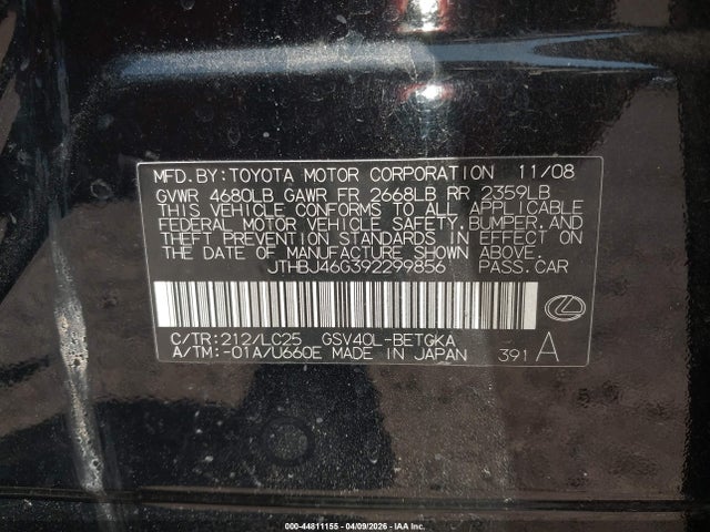 Aukcja sprzedaży 2009 Lexus Es 350, vin: JTHBJ46G392299856, numer aukcji: 44811155
