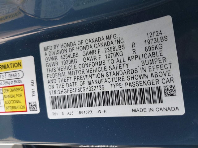 2HGFE4F80SH322136 Honda Civic Hybrid Sport/sport Touring