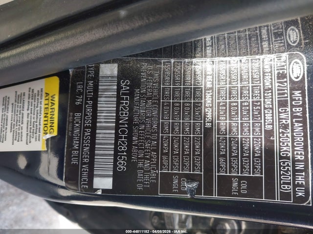 44811182 :رقم المزاد ، SALFR2BN1CH281566 vin ، 2012 Land Rover Lr2 مزاد بيع