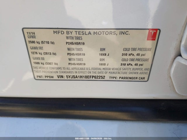 Продаж на аукціоні авто 2014 Tesla Model S P85, vin: 5YJSA1H18EFP62252, номер лоту: 44811189