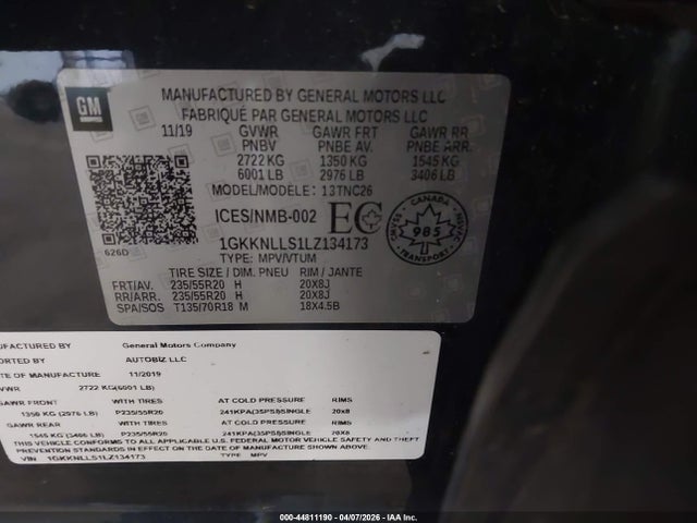 Aukcja sprzedaży 2020 Gmc Acadia At4, vin: 1GKKNLLS1LZ134173, numer aukcji: 44811190