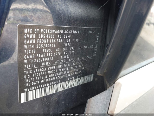 Продаж на аукціоні авто 2015 Volkswagen Tiguan Sel, vin: WVGBV7AX9FW503414, номер лоту: 44811200