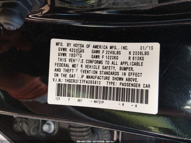 Продаж на аукціоні авто 2015 Honda Accord Lx, vin: 1HGCR2F37FA095810, номер лоту: 44811203