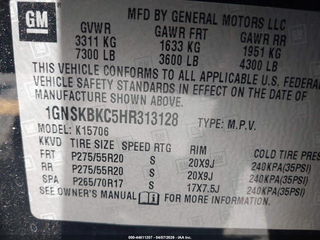 2017 Chevrolet Tahoe Lt მანქანა იყიდება აუქციონზე, vin: 1GNSKBKC5HR313128, აუქციონის ნომერი: 44811207