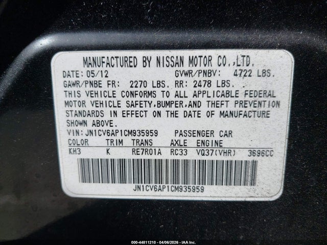 44811210 :رقم المزاد ، JN1CV6AP1CM935959 vin ، 2012 Infiniti G37 Journey مزاد بيع