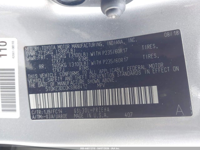 5TDKZ3DC0KS968412 Toyota Sienna Le 8 Passenger