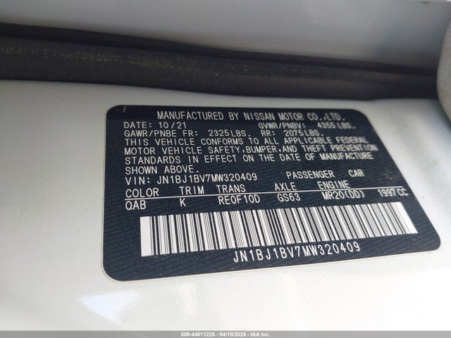 2021 Nissan Rogue Sport Sv Fwd Xtronic Cvt მანქანა იყიდება აუქციონზე, vin: JN1BJ1BV7MW320409, აუქციონის ნომერი: 44811225