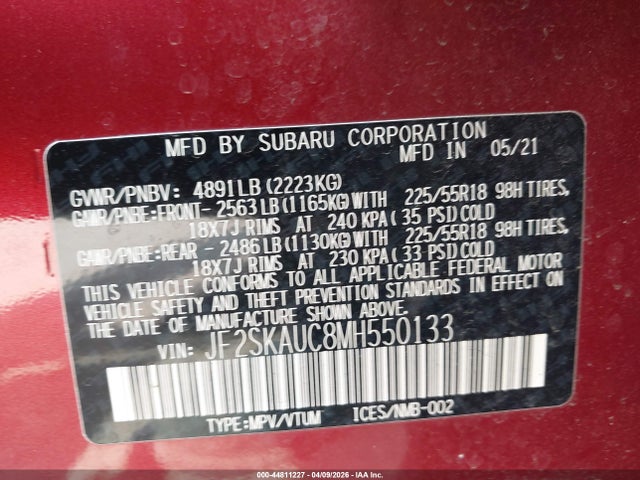 44811227 :رقم المزاد ، JF2SKAUC8MH550133 vin ، 2021 Subaru Forester Limited مزاد بيع