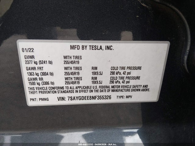 Продаж на аукціоні авто 2022 Tesla Model Y Long Range Dual Motor All-wheel Drive, vin: 7SAYGDEE8NF355326, номер лоту: 44811232