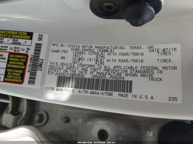 2015 Toyota Tacoma Prerunner V6 მანქანა იყიდება აუქციონზე, vin: 5TFJU4GN1FX089692, აუქციონის ნომერი: 44811244