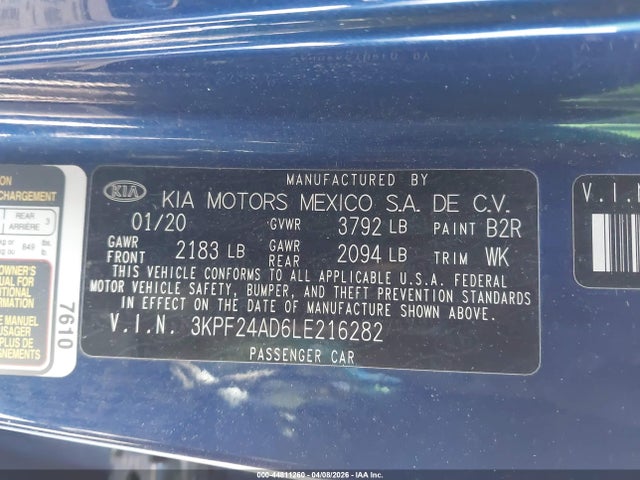 Продаж на аукціоні авто 2020 Kia Forte Lxs, vin: 3KPF24AD6LE216282, номер лоту: 44811260