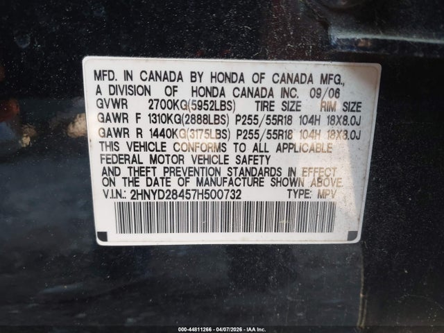 2007 Acura Mdx Technology Package მანქანა იყიდება აუქციონზე, vin: 2HNYD28457H500732, აუქციონის ნომერი: 44811266