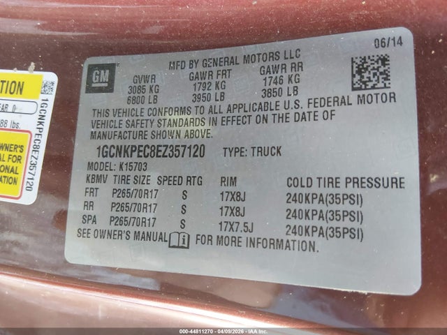 44811270 :رقم المزاد ، 1GCNKPEC8EZ357120 vin ، 2014 Chevrolet Silverado 1500 Work Truck 2wt مزاد بيع