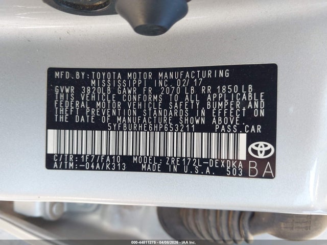 2017 Toyota Corolla L მანქანა იყიდება აუქციონზე, vin: 5YFBURHE6HP653211, აუქციონის ნომერი: 44811275
