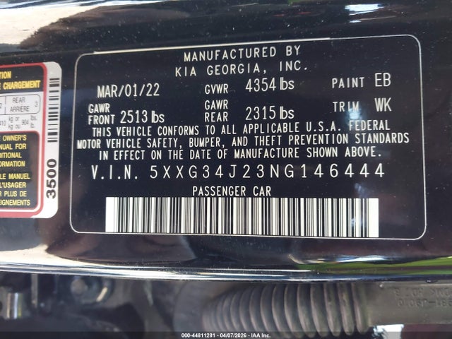 2022 Kia K5 Ex მანქანა იყიდება აუქციონზე, vin: 5XXG34J23NG146444, აუქციონის ნომერი: 44811281