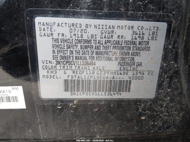 44811287 :رقم المزاد ، 3N1CP5CV1LL536494 vin ، 2020 Nissan Kicks Sv Xtronic Cvt مزاد بيع
