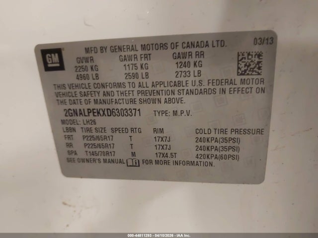 44811293 :رقم المزاد ، 2GNALPEKXD6303371 vin ، 2013 Chevrolet Equinox 2lt مزاد بيع