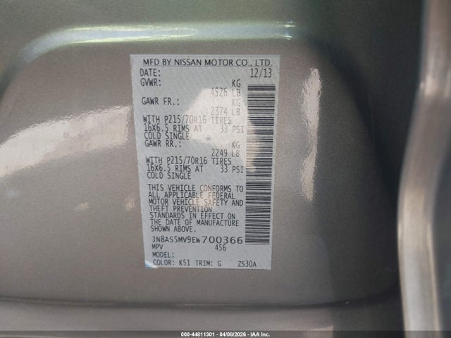 44811301 :رقم المزاد ، JN8AS5MV9EW700366 vin ، 2014 Nissan Rogue Select S مزاد بيع